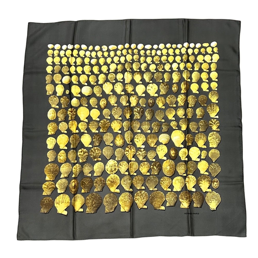 Hermès “Coquillages et Coraux” Silk Scarf – Gold Shell Print on Chocolate